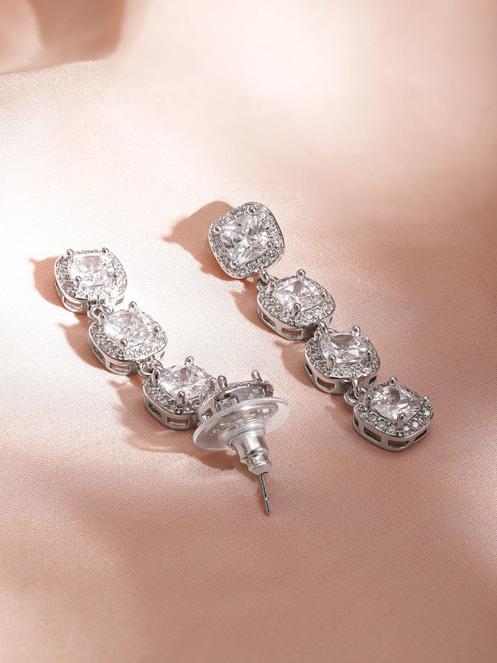 Rubans Women's Silver Plated 4 Leaf Clover American Diamond Studed Drop Earrings Earrings
