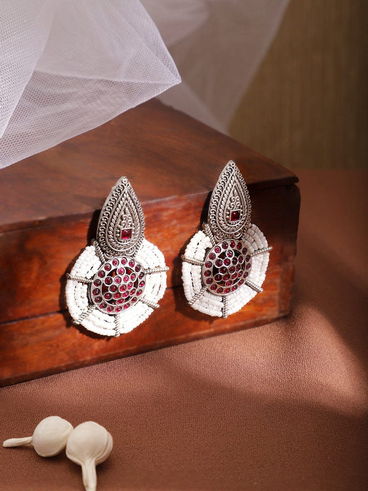 Rubans Women's Silver Toned Red Stone Studded White Beaded Drop Earrings Earrings