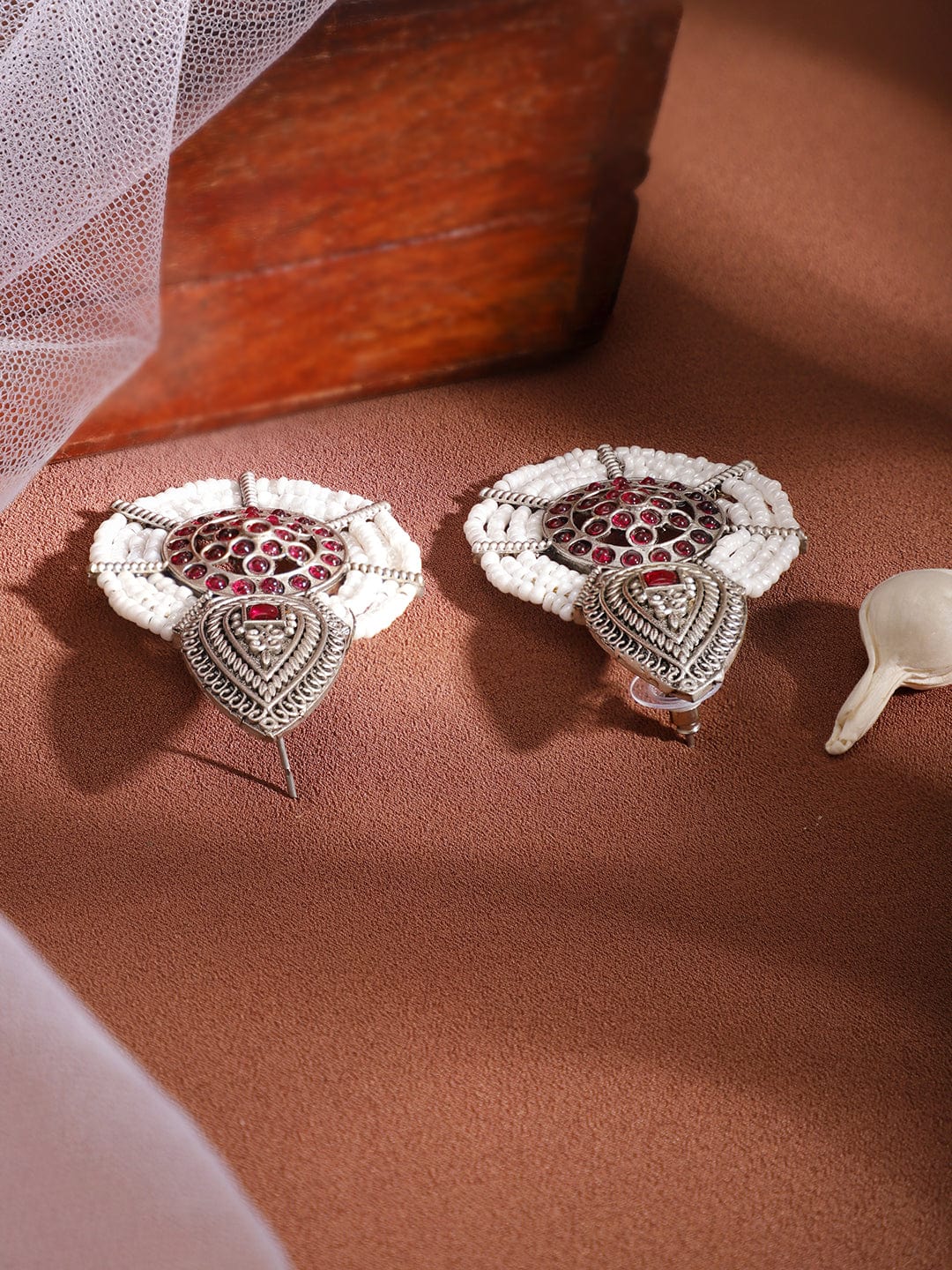 Rubans Women's Silver Toned Red Stone Studded White Beaded Drop Earrings Earrings
