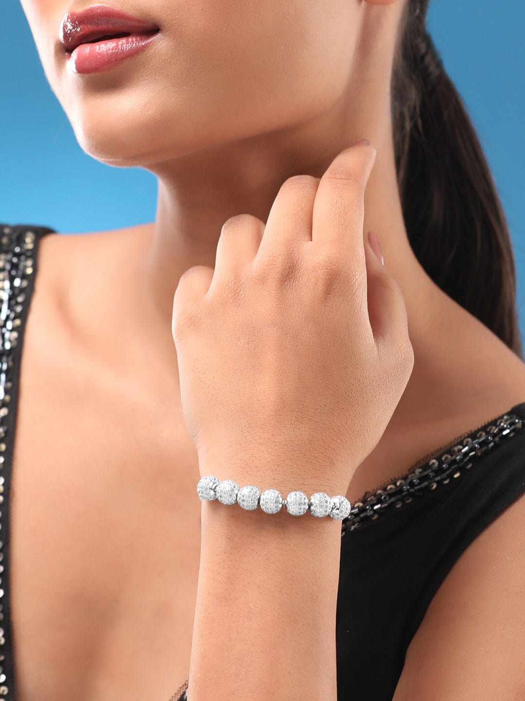 Rubans Women Silver-Toned Brass Cubic Zirconia Rhodium-Plated Cuff Bracelet Bracelets