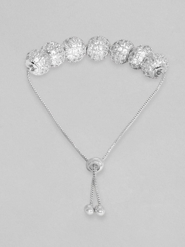 Rubans Women Silver-Toned Brass Cubic Zirconia Rhodium-Plated Cuff Bracelet Bracelets