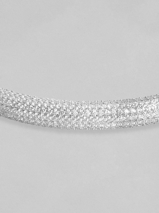 Rubans Women Silver-Toned & White Brass Cubic Zirconia Rhodium-Plated Cuff Bracelet Bracelets
