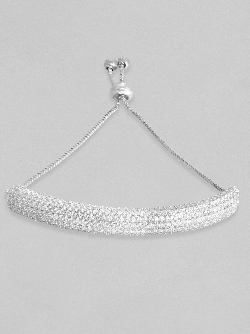 Rubans Women Silver-Toned & White Brass Cubic Zirconia Rhodium-Plated Cuff Bracelet Bracelets