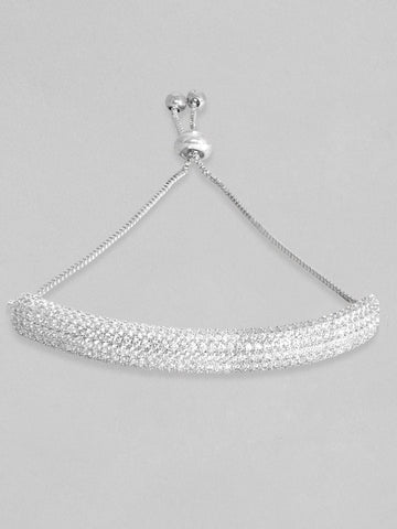 Rubans Women Silver-Toned & White Brass Cubic Zirconia Rhodium-Plated Cuff Bracelet Bracelets