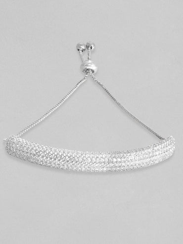 Rubans Women Silver-Toned & White Brass Cubic Zirconia Rhodium-Plated Cuff Bracelet Bracelets