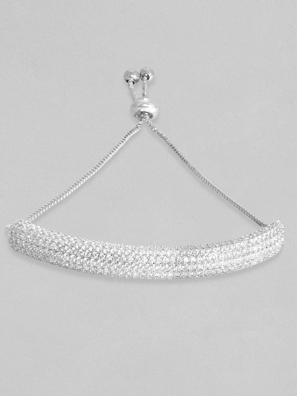 Rubans Women Silver-Toned & White Brass Cubic Zirconia Rhodium-Plated Cuff Bracelet Bracelets