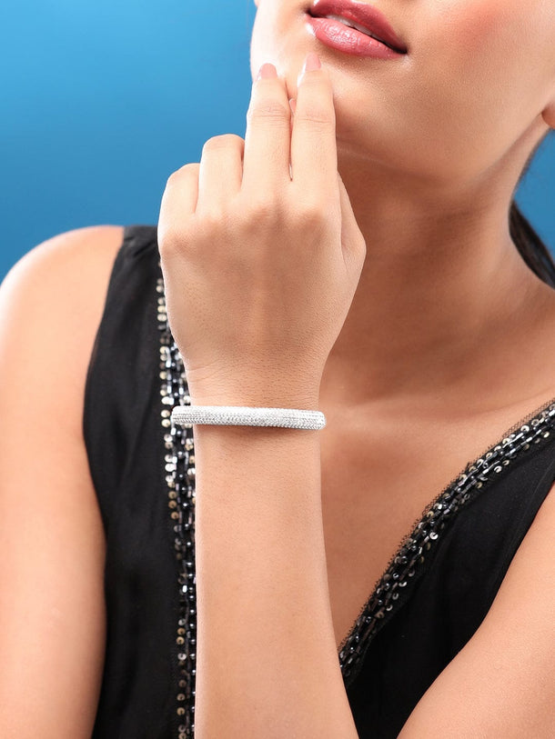 Rubans Women Silver-Toned & White Brass Cubic Zirconia Rhodium-Plated Cuff Bracelet Bracelets