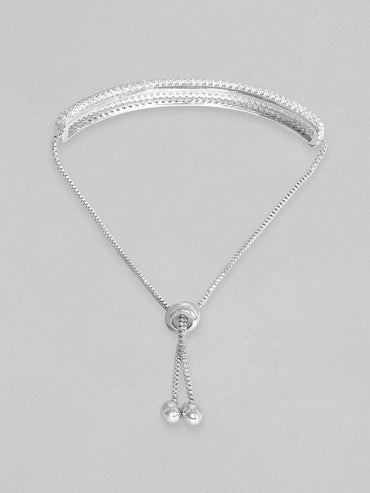Rubans Women Silver-Toned & White Brass Cubic Zirconia Rhodium-Plated Cuff Bracelet Bracelets