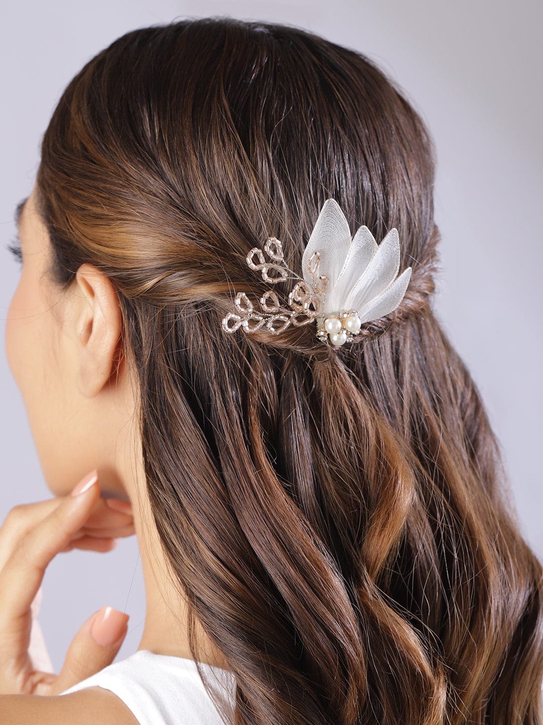 Rubans Women White Crystal Studded Butterfly Feather Shaped Beaded Floral Hair Clip Hair Accessory