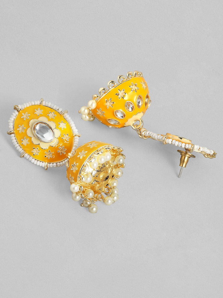Rubans Yellow Enamel & Kundan Handcrafted Gold Plated Jhumka Earrings Earrings