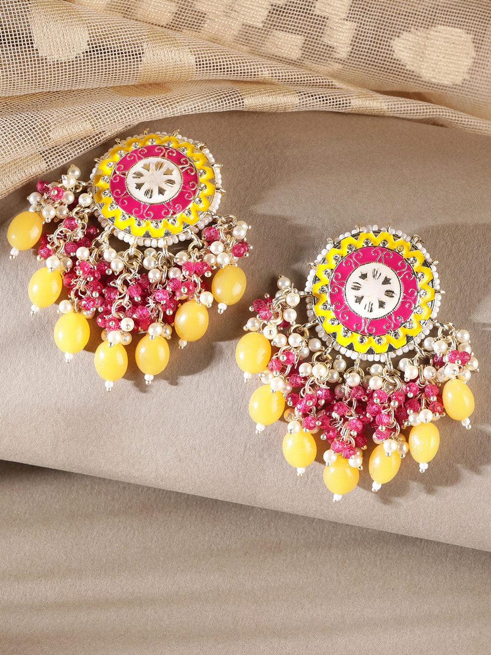 Rubans Yellow & Pink Enamel Pearl Pink beaded drops Earrings Earrings
