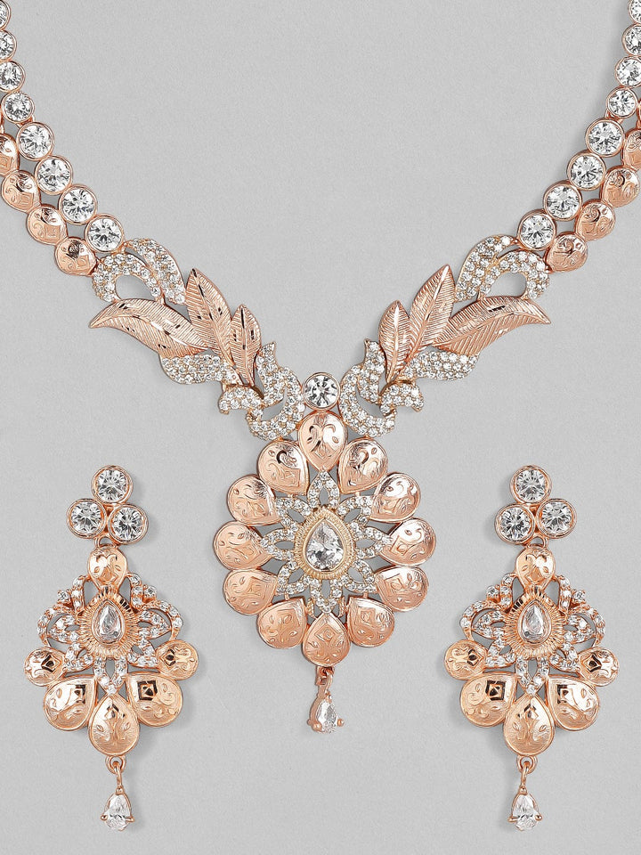 Rubans Zircon Studded Handcrafted Rose Gold Plated Statement Necklace Set Necklace Set