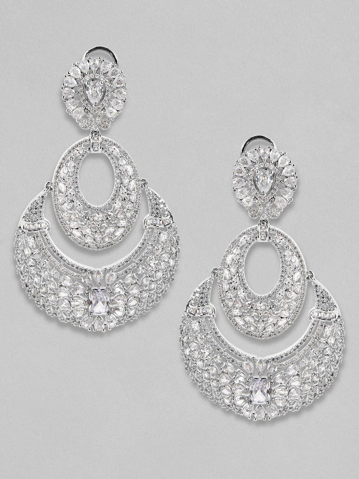 Rubans Zircon Studded Handcrafted Silver Plated Statement Chandbali Earrings Earrings