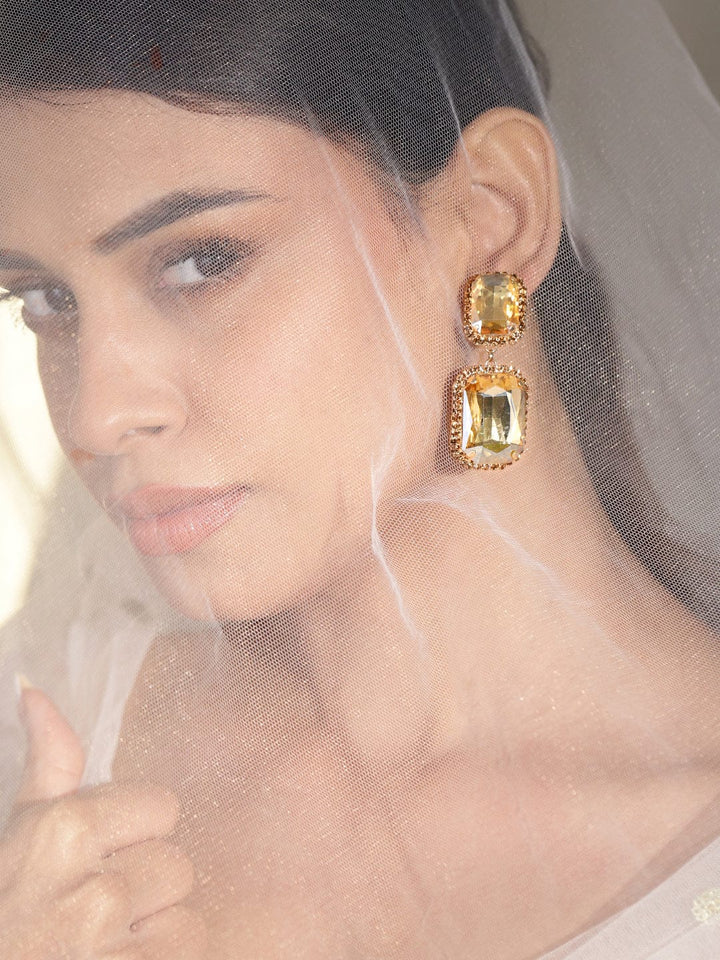 Rubans18K Gold-Plated Cubic Zirconia Studded Square Shaped Drop Earrings Earrings