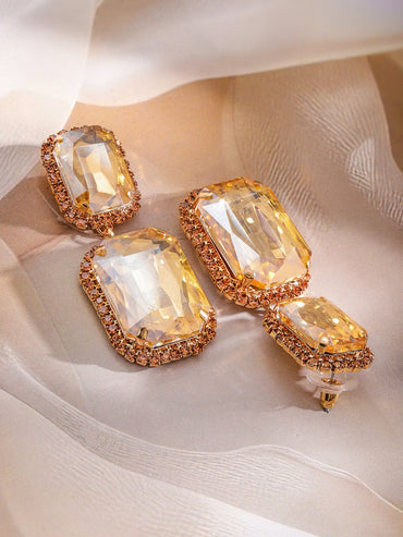 Rubans18K Gold-Plated Cubic Zirconia Studded Square Shaped Drop Earrings Earrings