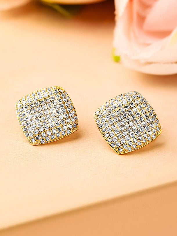 Rubans18K Gold-Plated Cubic Zirconia Studded Square Stud Earrings Earrings