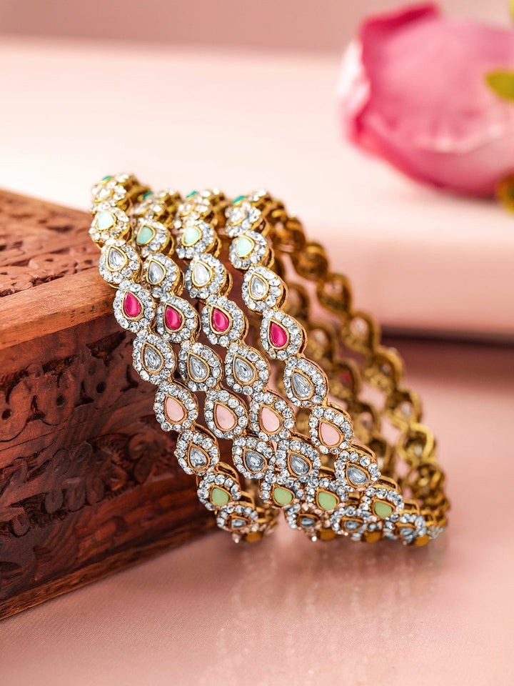 Rubans18K Mehandi Gold-Plated Multicolor Kundan and Cubic Zirconia Studed Bangles Bangles