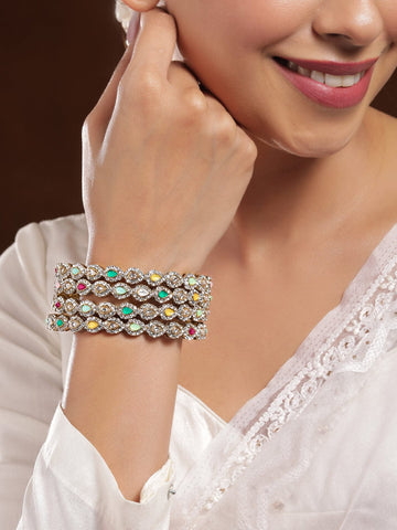 Rubans18K Mehandi Gold-Plated Multicolor Kundan and Cubic Zirconia Studed Bangles Bangles