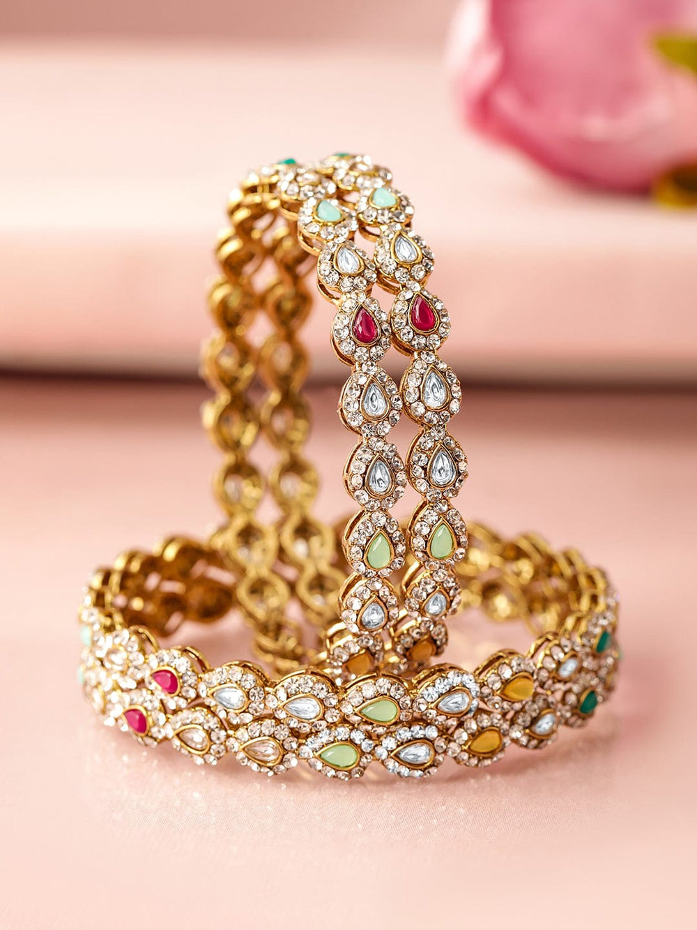 Rubans18K Mehandi Gold-Plated Multicolor Kundan and Cubic Zirconia Studed Bangles Bangles