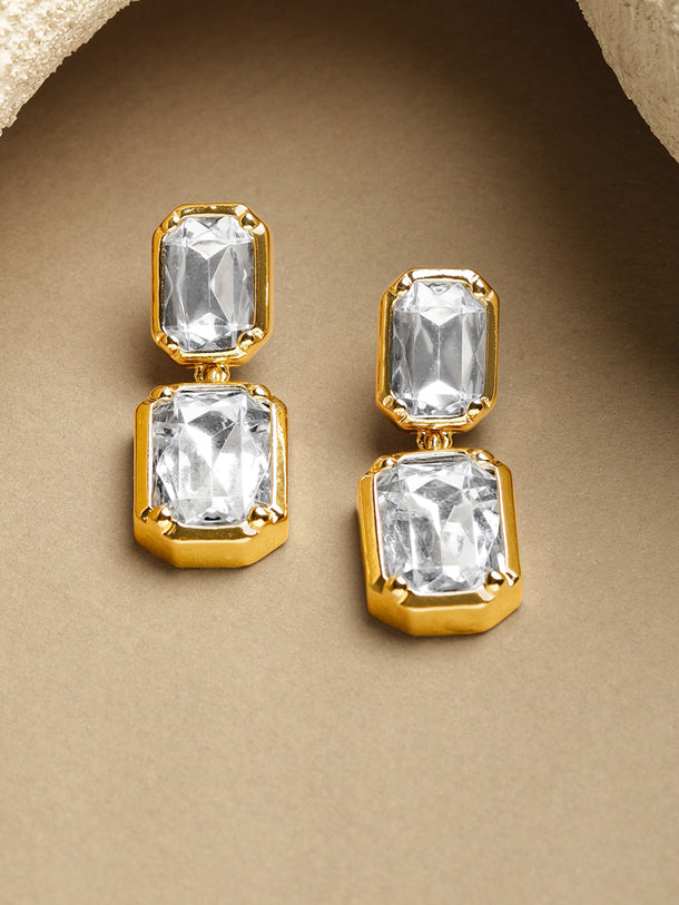 Gold Toned White Crystal Drop Earrings