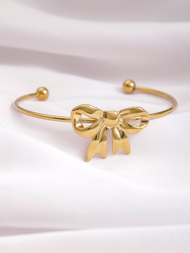 18KT Gold Plated Stainless Steel Tarnish-Free Waterproof Bowknot Cuff Bracelet