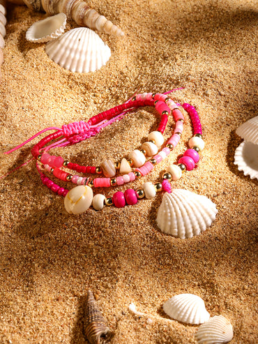 Rubans Set of 3 Adjustable Anklets with Shell Charms & Beads in Light & Dark Pink Tones