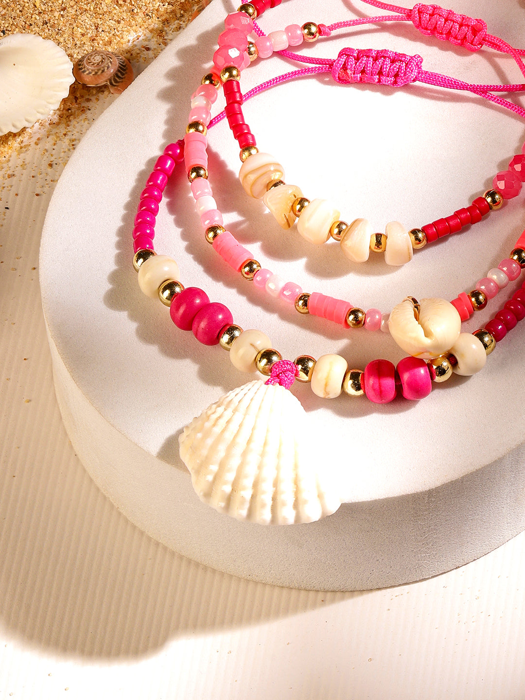 Rubans Set of 3 Adjustable Anklets with Shell Charms & Beads in Light & Dark Pink Tones