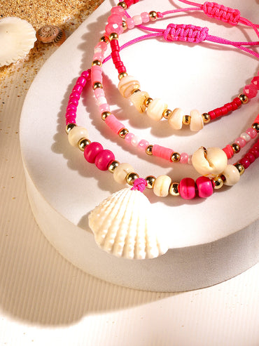 Rubans Set of 3 Adjustable Anklets with Shell Charms & Beads in Light & Dark Pink Tones