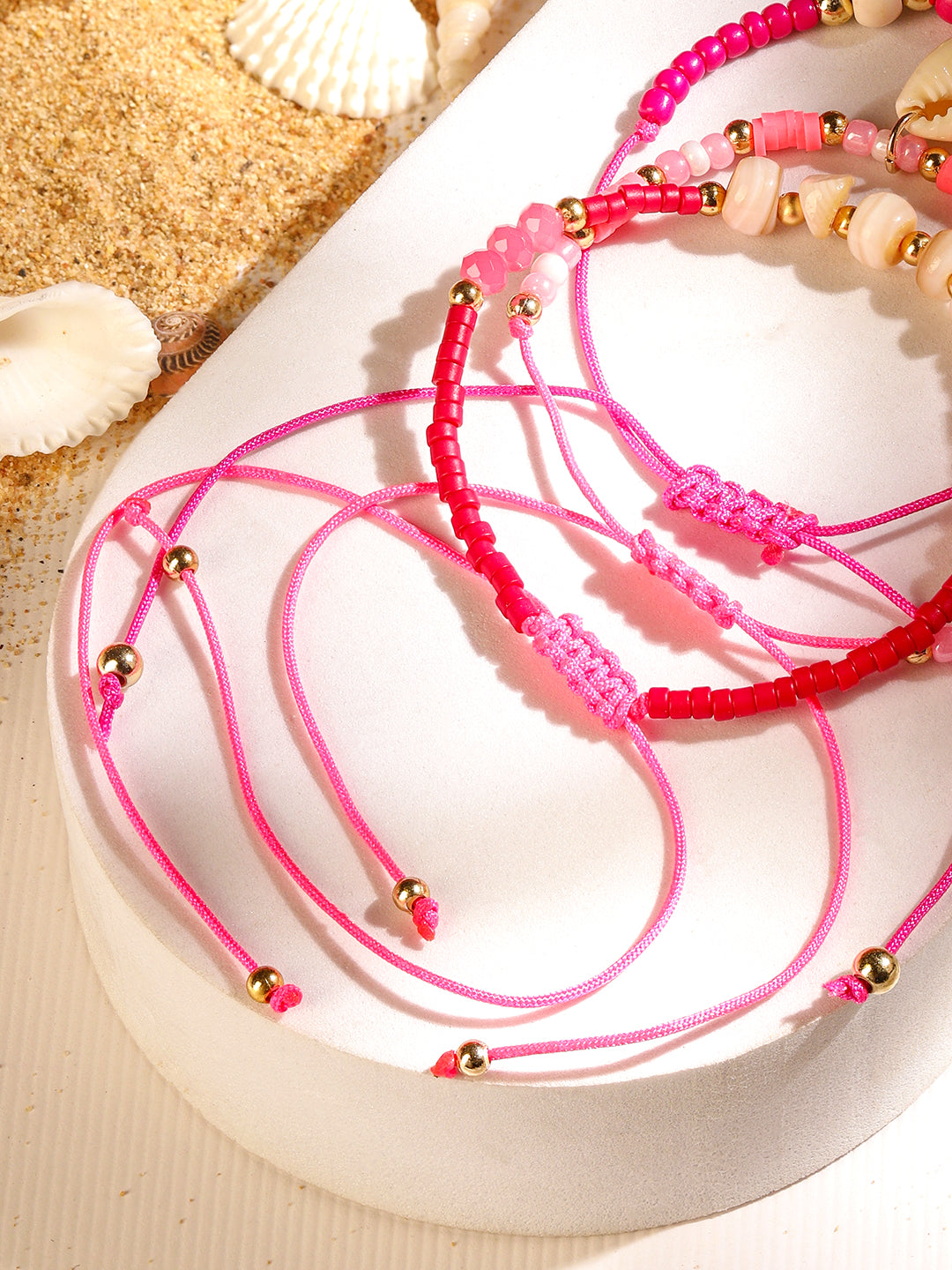 Rubans Set of 3 Adjustable Anklets with Shell Charms & Beads in Light & Dark Pink Tones