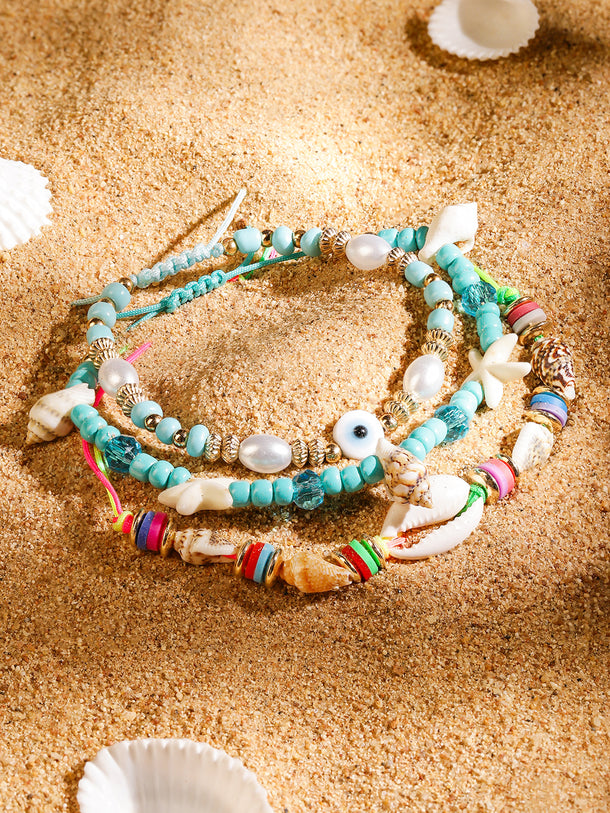 Rubans Set of 3 Adjustable Cord Anklets in Aqua & Multicolor with Shell Beads & Evil Eye