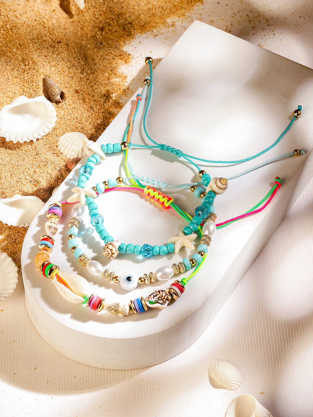 Rubans Set of 3 Adjustable Cord Anklets in Aqua & Multicolor with Shell Beads & Evil Eye