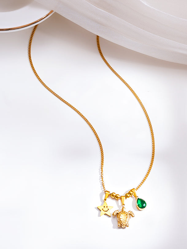 Demifine 18K Gold Plated Stainless Steel Multi Charm Pendant Necklace