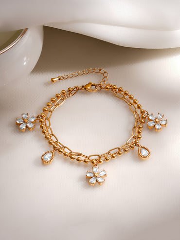Demifine 18K Gold Plated Stainless Steel Daisy Crystal Charm Bracelet