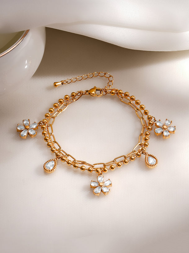 Demifine 18K Gold Plated Stainless Steel Daisy Crystal Charm Bracelet