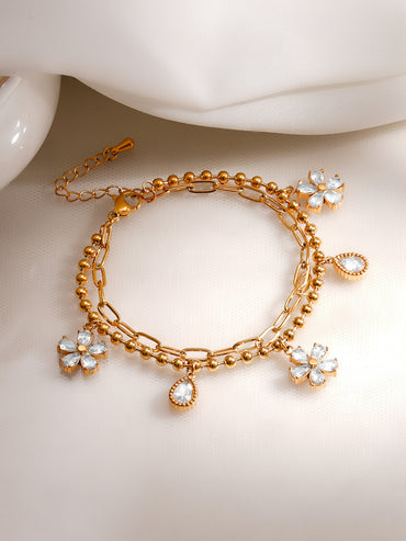 Demifine 18K Gold Plated Stainless Steel Daisy Crystal Charm Bracelet
