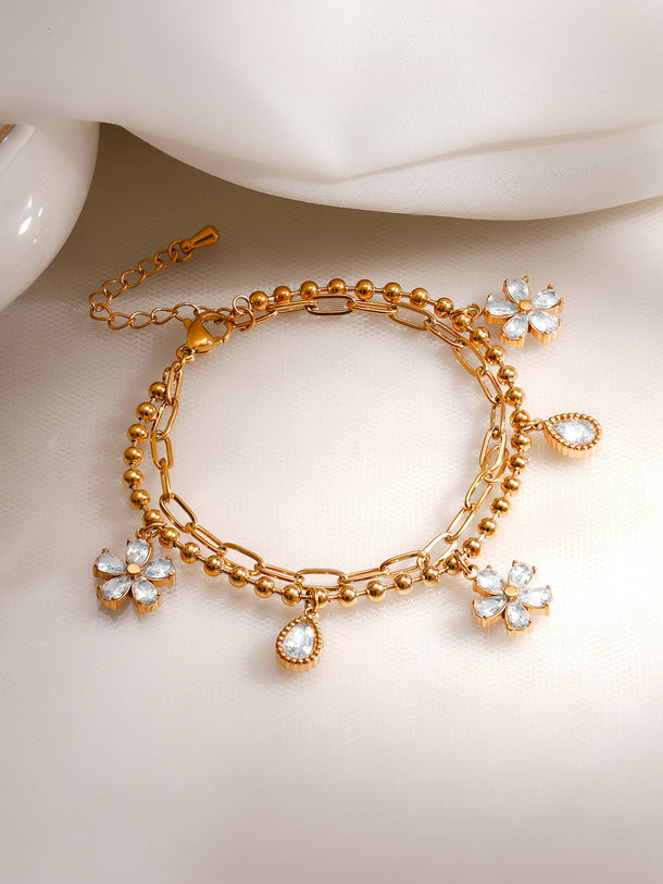 Demifine 18K Gold Plated Stainless Steel Daisy Crystal Charm Bracelet