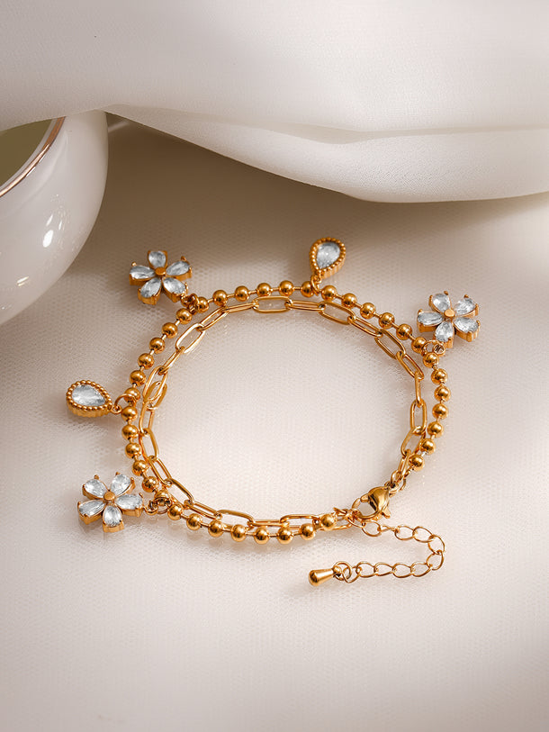 Demifine 18K Gold Plated Stainless Steel Daisy Crystal Charm Bracelet