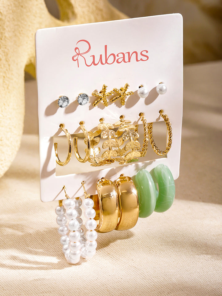 Rubans Set Of 9 18K Gold Plated Star Shaped Studs