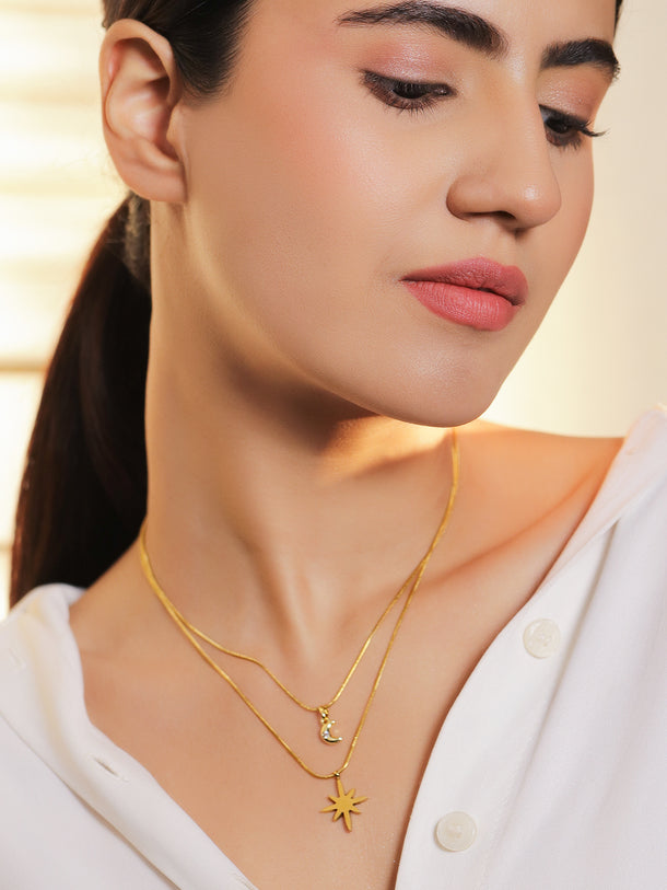 Moon & Star Motif Layered Gold Necklace
