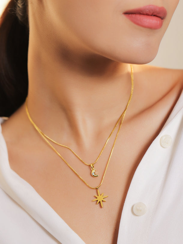 Moon & Star Motif Layered Gold Necklace