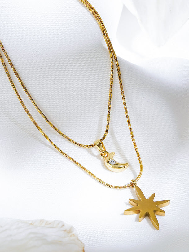 Moon & Star Motif Layered Gold Necklace