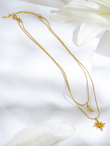 Moon & Star Motif Layered Gold Necklace