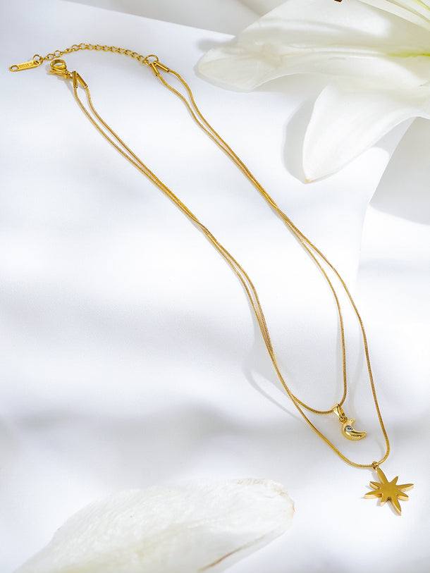 Moon & Star Motif Layered Gold Necklace