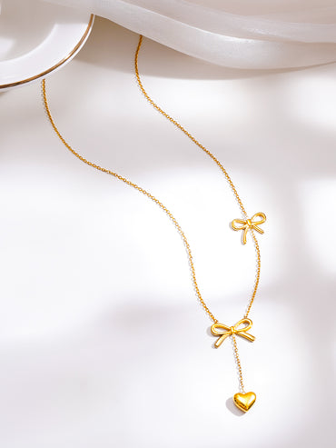 Demifine 18K Gold Plated Stainless Steel Double Bow Heart Drop Necklace