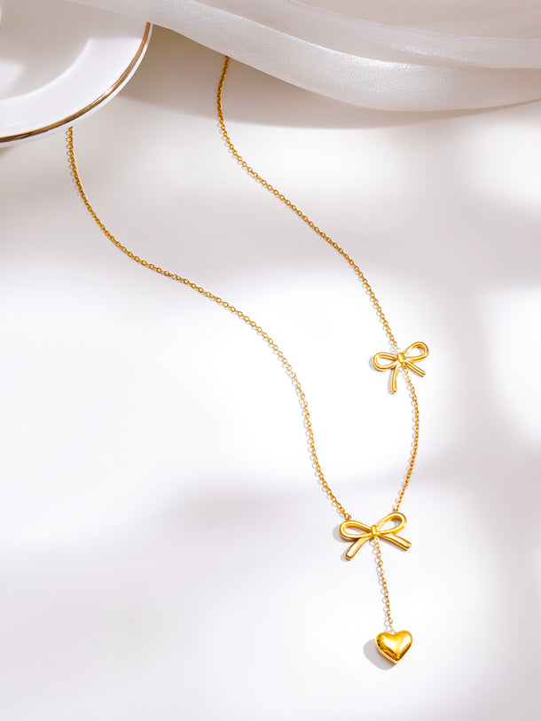 Demifine 18K Gold Plated Stainless Steel Double Bow Heart Drop Necklace