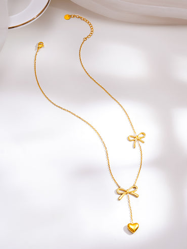 Demifine 18K Gold Plated Stainless Steel Double Bow Heart Drop Necklace