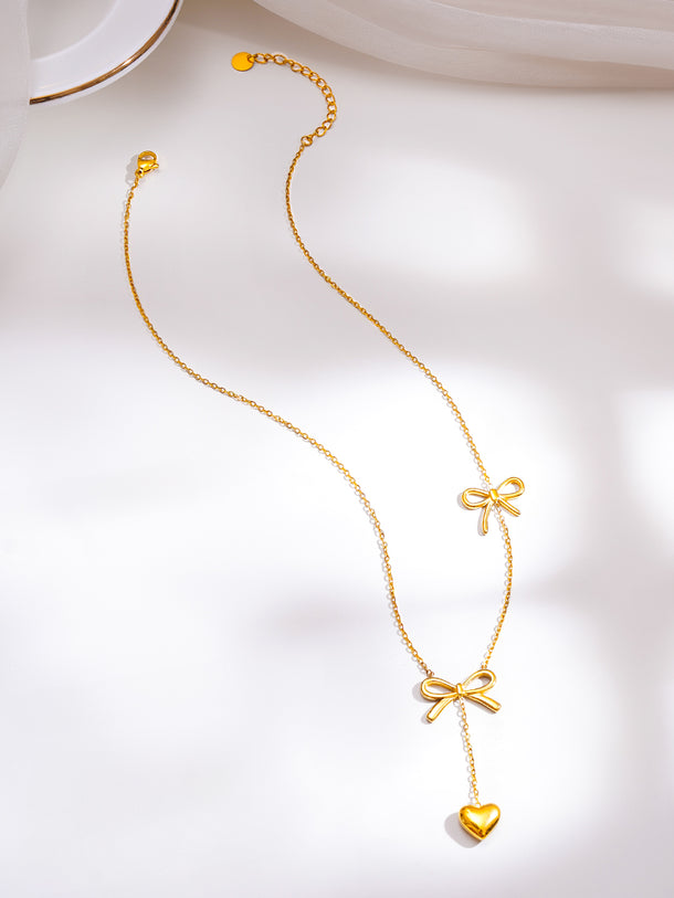 Demifine 18K Gold Plated Stainless Steel Double Bow Heart Drop Necklace