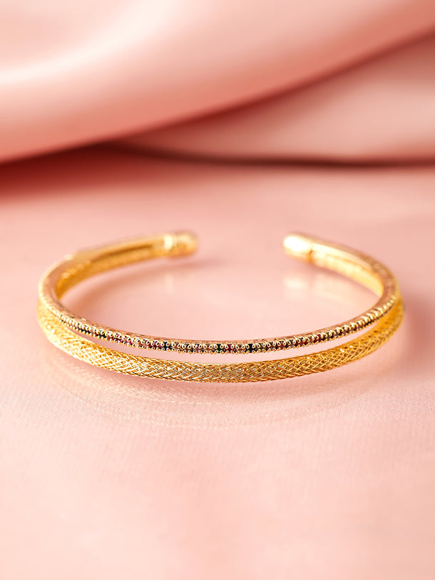 22K Gold Plated Baguette-Cut AD & Cubic Zirconia Studded Double Layered Bracelet