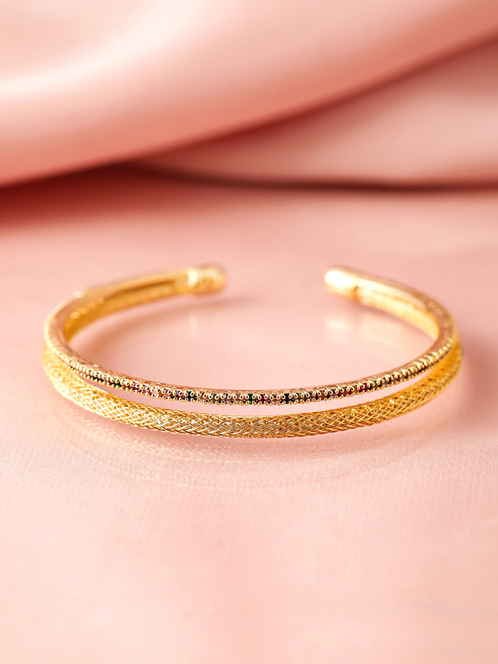22K Gold Plated Baguette-Cut AD & Cubic Zirconia Studded Double Layered Bracelet - Gold