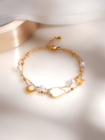 Demifine 18K Gold Plated Stainless Steel Moon Star Celestial Charm Bracelet